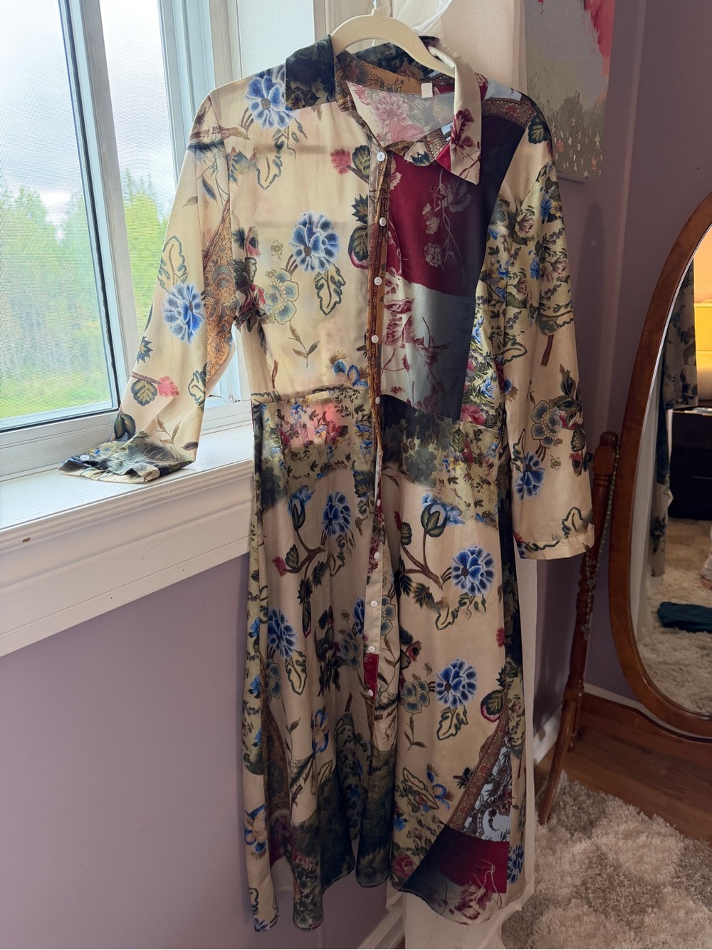 Floral Patchwork Button-Front Maxi Dress in Cream and Blue